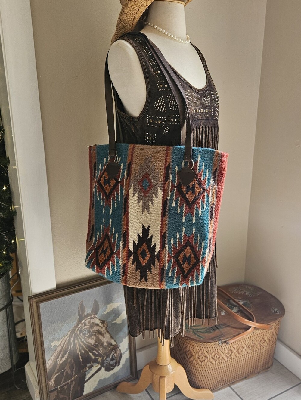 Teal & Rust El Paso Wool Saddlebag- Woven Southwestern Crossbody Tote Bag